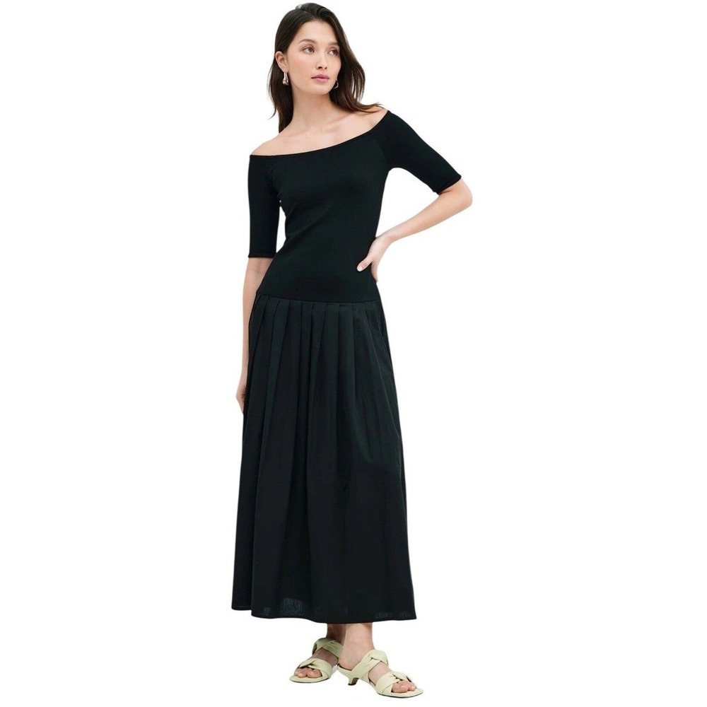 Marcella Mila Dress PM European Ponte & Poplin Off-Shoulder Pleated Luxury Black